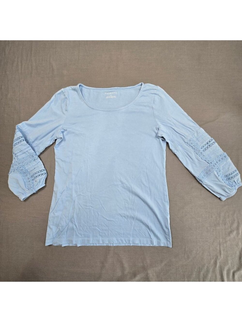 Talbots XS 100& Cotton Blouse Light Blue Lace Sleeve Casual Top
